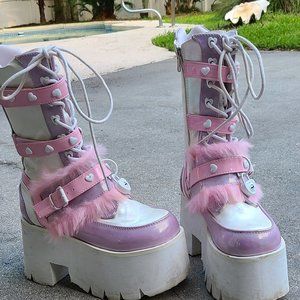 Demonia Ashes - 120 Pink and Purple Holographic Fur Boots